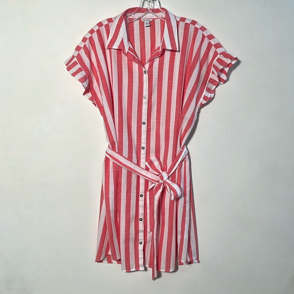 NAUTICA Beach Summer 100% Cotton Red/White Stripe Ruffle Cap SLV Shirtdress XL